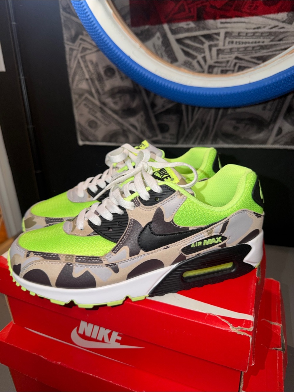 Nike Air Max 90 Neon Green Camo in men’s size 8